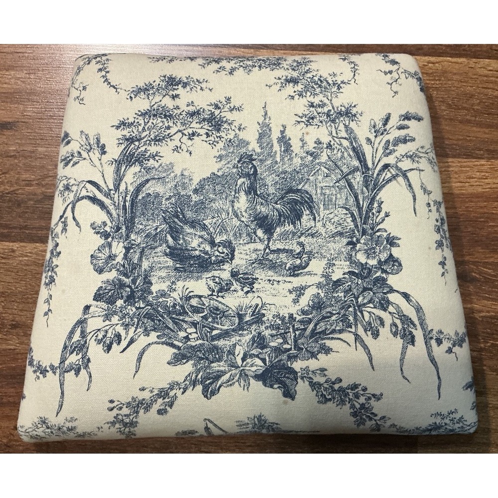 Vtg Blue & Cream French Country Toile Fabric On Upholstered Seat/Chair Cushion*